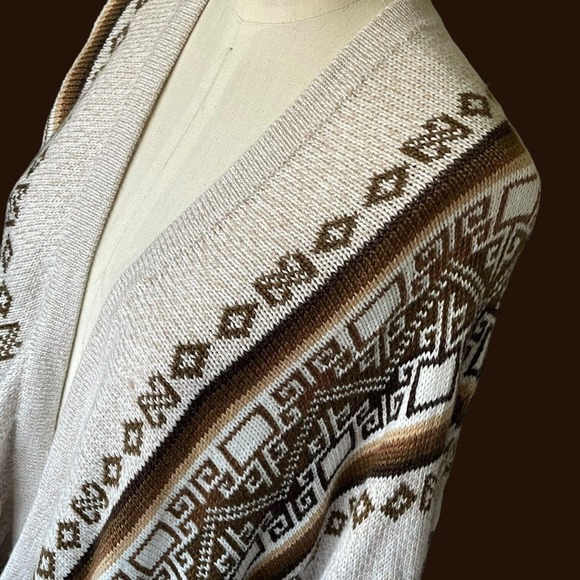 Tan Brown White Alpaca Knit Fringe Large Wrap Oversized Scarf Geometric Ethnic - Picture 2 of 6